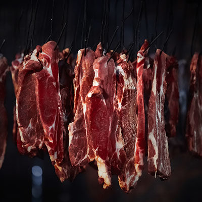 Meat hook-hung meat