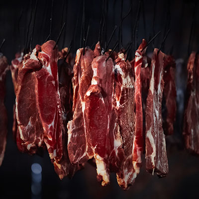 Meat hook-hung meat